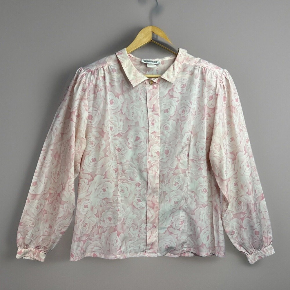Vintage Blouse‎ 14 Pink Roses Long Sleeve Romantic Feminine Secretary Coquette